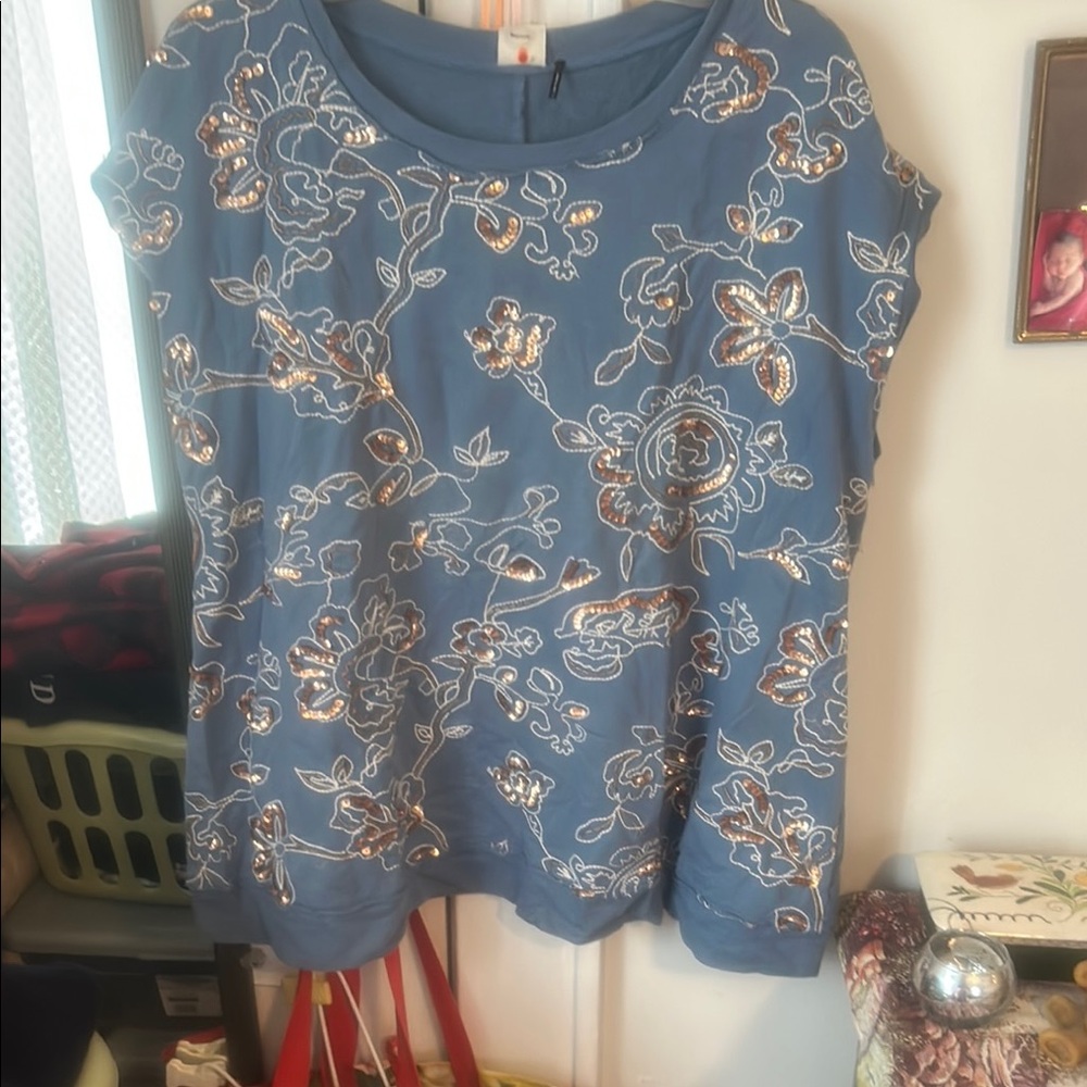 Chic Blue Floral Embroidered Blouse